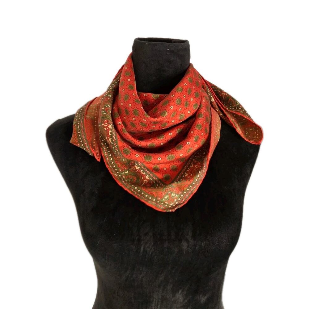 Vintage Silk 26” Square Scarf Paisley Floral Medallion Rolled Hem Retro